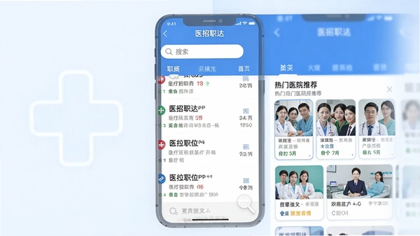 ҽ��ְ��APP�����ͼ��չʾ��ҳְλ�б���������������ҽԺ�Ƽ���飬��������רҵ��������Ϊ��ɫ����ͻ��ҽ����ҵ����