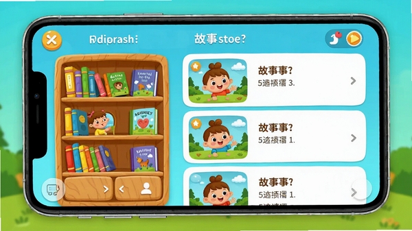 超级绘本APP界面展示图,儿童卡通风格,色彩明亮,展示书架和故事列表