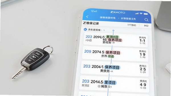 ZXMOTO应用内维保记录页面,以时间轴形式清晰展示多条保养记录,包含里程数、保养项目标签和费用,界面整洁,使用蓝白配色,背景是简洁的桌面和车钥匙