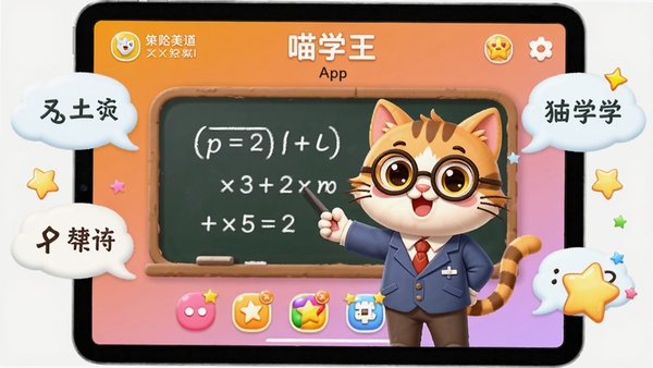 һ��չʾ��ѧ��App��ƽ����������н���ĸ���ͼƬ������ɫ����������ʾһֻ��ͨè����ʦ���ڽ�����ѧ��ʽ����Χ������֪ʶ�����ݺͽ������ǡ�