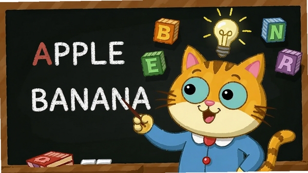 ��ͨè����ʦ����Ӣ�ﵥ�ʵĲ廭���ڰ���д��APPLE��BANANA��è��ͷ��ð�����ݱ�ʾ��Ȼ������Χ�в�ɫ��ĸ����Ư����
