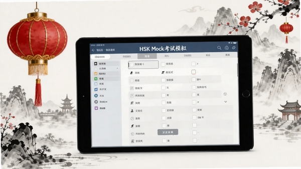 HSK Mock����ģ����棬չʾƽ������ϵĴ���ҳ�棬�������й���Ԫ�أ�ˮī��������������������רҵ