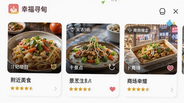 �Ҹ�Ѱ��APP���������Ƽ�ҳ�棬չʾ������ʳ�����㡢�̳��Ŀ�Ƭʽ��Ϣ��������ʵ����ʳͼƬ�������Ǽ��������á�