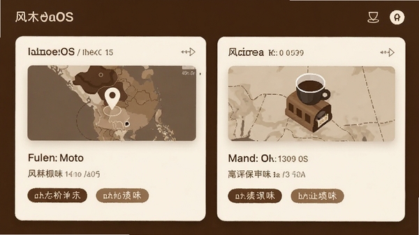 CoffeeOS应用的知识库界面,以卡片形式展示不同咖啡产区的信息,包含地图定位和风味描述标签,界面风格简洁清晰,色彩以咖啡色和米白色为主