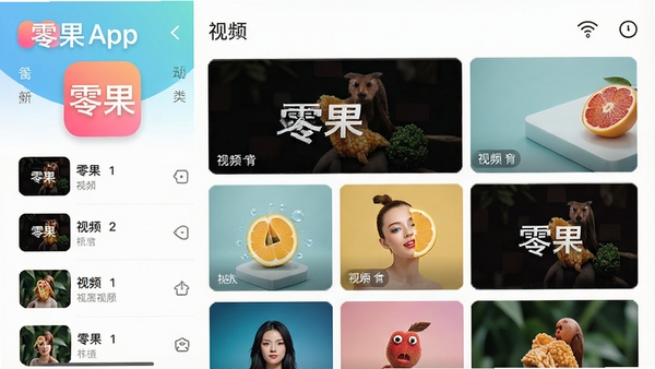 零果APP界面截图,展示简洁的视频分类列表与高清封面墙,整体风格现代,色彩舒适,突出软件名称“零果”的Logo。