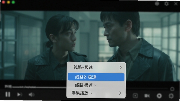 零果播放器界面,画面正在播放电影,屏幕下方弹出线路选择菜单,高亮显示“线路2-极速”,背景虚化处理。