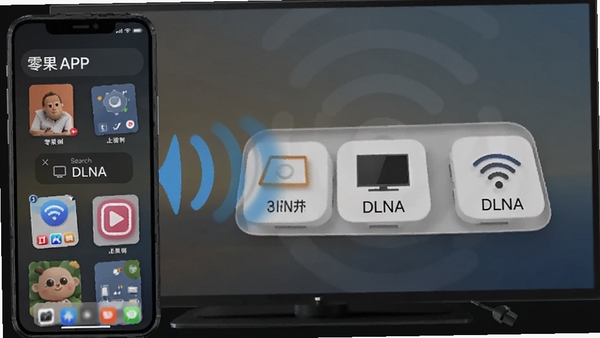 手机端与电视端连接投屏的示意图,画面中显示零果APP正在搜索可用的DLNA设备,周围有WiFi信号波纹。