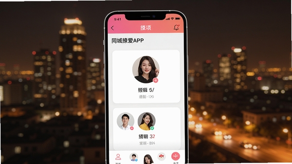 手机交友软件撩爱APP主界面,展示同城推荐用户卡片,背景为城市夜景,暖色调灯光,UI设计现代简洁,符合社交软件风格