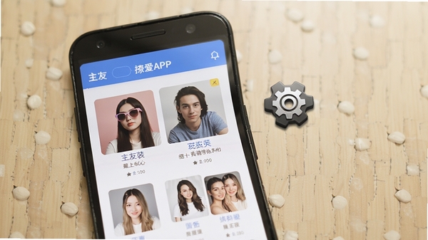 撩爱APP在安卓手机上安装运行示意图,手机屏幕显示交友主界面,旁边有齿轮设置图标,背景为浅色桌面