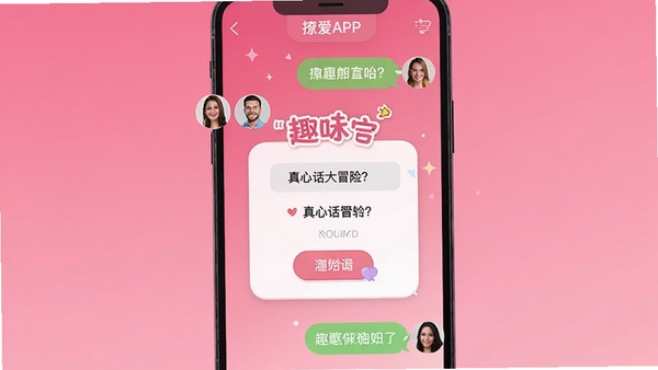 撩爱APP聊天界面内嵌入趣味问答卡片,显示真心话大冒险问题,双方头像互动,背景为粉色渐变,氛围轻松活泼