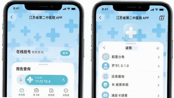 ����ʡ�ڶ���ҽԺAPP�����ͼ��չʾ���߹Һ��뱨���ѯ���ܣ�������¼�࣬ͼ��Բ�󣬱���Ϊǳ��ɫҽ��ʮ��Ԫ�أ�������Ϣ�����ɶ���ͻ����ݾ�ҽ����