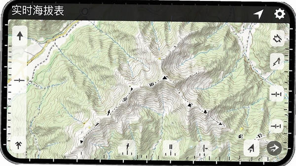 实时海拔表APP离线地图界面,显示山区等高线地形,软件名称“实时海拔表”标注在左上角