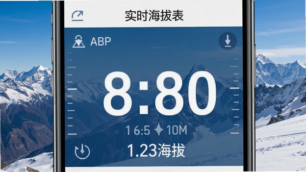 实时海拔表APP显示精准海拔数据的截图,主界面海拔数字突出,背景为雪山,软件名称“实时海拔表”可见