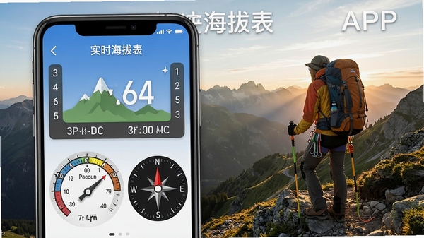 实时海拔表APP界面展示图,包含海拔数字、经纬度坐标、气压表盘与指南针,背景为登山场景,清晰标注软件名称“实时海拔表”