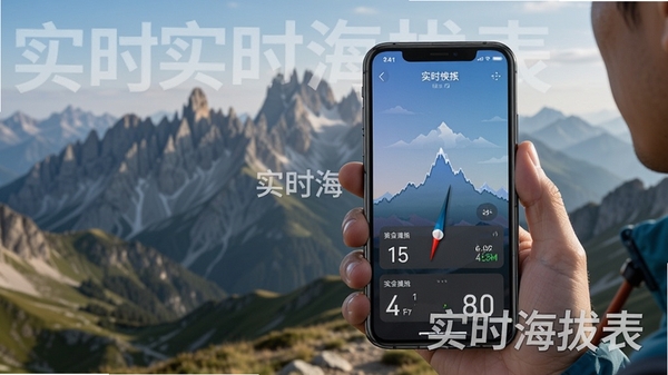 实时海拔表APP在户外使用场景示意图,使用者手持手机查看海拔数据,背景为山脉,软件名称“实时海拔表”以水印形式呈现