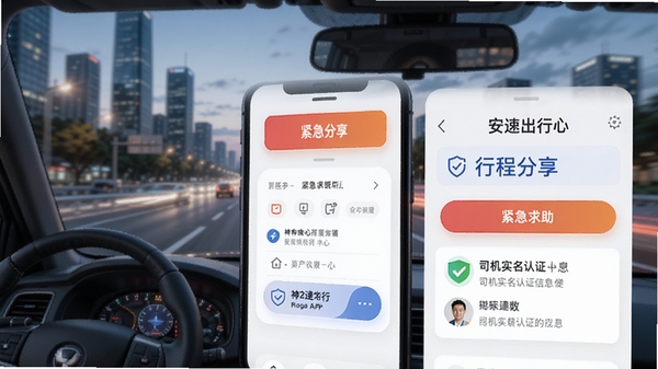 ���ٳ���APP��ȫ���Ľ��棬չʾ�г̷���������������ť��˾��ʵ����֤��Ϣ������Ϊ��ʻ�еĳ��е�·