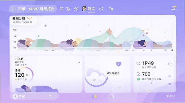 ����APP˯�߱���ҳ���ͼ��չʾ˯�߷���ͼ���������Լ������б�������Ϊ��ͽ�����ɫ����������������ۣ�����չʾ