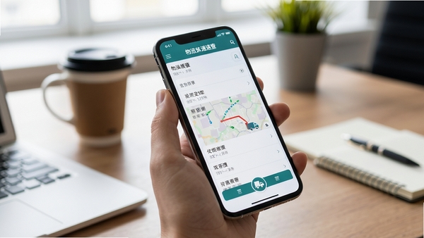 物流快递速查软件在手机上使用的实拍场景图,背景为办公桌,手机屏幕显示物流轨迹列表,风格写实
