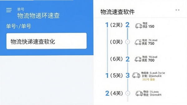 物流快递速查软件界面截图,展示清晰的单号输入框和物流轨迹时间线,背景为简洁的蓝白配色,现代扁平化设计风格