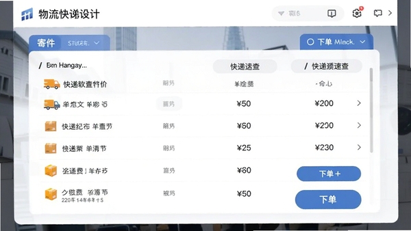 物流快递速查软件寄件比价页面设计稿,展示不同快递公司的运费价格对比列表和下单按钮,界面简洁商务风