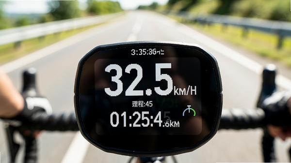 ���б������Ǳ�����д����ʾ��ǰ�ٶ�32.5km/h������ʱ��01:23:45�������45.6km����������ʾ������Ϊ�黯�Ĺ�·�����ӽǣ�������������Ϣ�����׶�