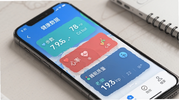 �ϰ׽���app�����棬��ʾ�������ݿ��壬�������������ʡ�˯�������Ⱥ���ָ�꣬�������¼�࣬��ɫ��Ϊ�����ִ���ʮ��
