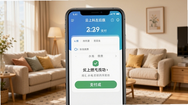 ���Ͽ������APP�ɷѹ���չʾ���ֻ���Ļ��ʾˮ��ȼ���ɷѽ��棬����֧���ɹ���ʾ������Ϊ��ͥ������������ܰ����
