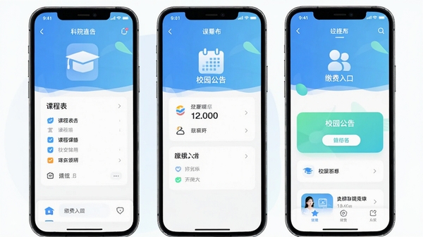 ��Ժͨapp����չʾ���ִ���Լ��񣬰����γ̱���У԰���桢�ɷ���ڵȺ��Ĺ���ģ�飬ɫ���������£����ϴ�ѧ��������UI��ƾ��£��ʺ�Ӧ���̵��ͼ��