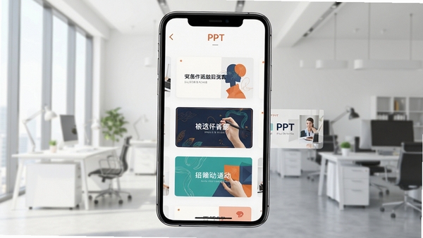 һ���ֻ���Ļչʾһ��PPTӦ�ý��棬������������������ʾ���־���PPTģ������ͼ������Ϊ�ִ��칫����������ƽ����������Ⱦ
