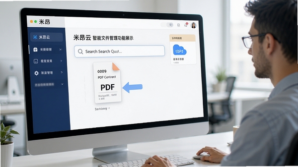 米昂云智能文件管理功能展示,用户正在通过搜索框快速查找一份PDF合同文件,界面响应迅速