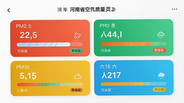 ����ʡ��������APP��Ⱦ������ҳ��չʾPM2.5��PM10��������Ⱦ����ֵ����Ӧ�Ľ������͵ȼ���ǩ��������࣬���ݿ�Ƭʽ��ƣ�ɫ��������ͻ��Ũ�ȶԱȡ�