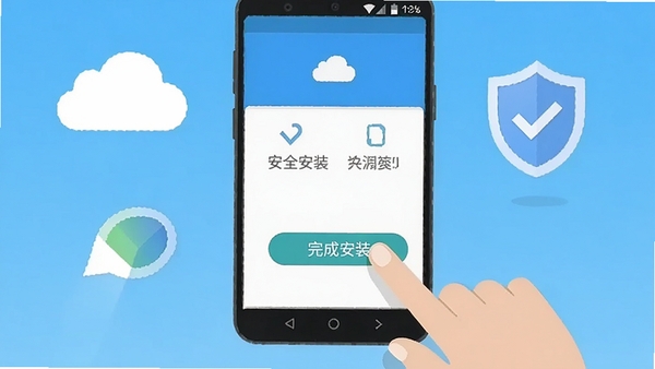 һ�Ź����ֻ����ذ�װӦ�õ�ʾ��ͼ��������һֻ�����ڵ���ֻ���Ļ�ϵġ���ɰ�װ����ť������Ϊ��׿ϵͳ���Ľ��棬�����ƶ�Ͷ���ͼ�꣬������ȫ�����밲װ��