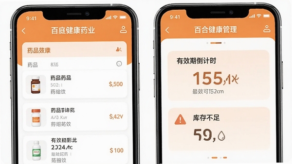 �ٺϽ���ҩҵAPP��ͥҩ��������棬չʾҩƷ�б�����Ч�ڵ���ʱ�Ϳ�治��ľ�ʾ��ʶ��UI���ʹ��ů��ɫ�Ͱ�ɫ���䣬�����ܰ����Ϣ�����׶���