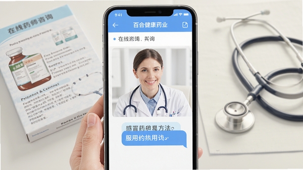 �ٺϽ���ҩҵAPP������ҩʦ��ѯ�ĶԻ�����ͼ����������ʾһλרҵҩ��ʦ���ڻظ��û����ڸ�ðҩ���÷��������ʣ�������ҩƷ˵�����������Ԫ�أ�����ɫ����ͣ�����רҵ��ػ���