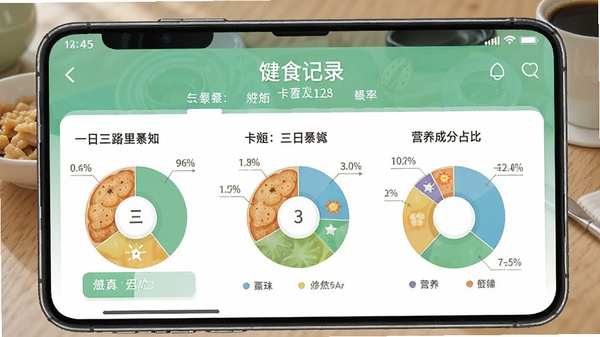 Ԫ������APP�е���ʳ��¼ҳ�棬չʾһ�����͵Ŀ�·����������Ӫ���ɷ�ռ�ȱ�ͼ