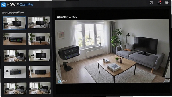 HDWiFiCamProӦ�õĶ��豸�������棬�����ʾ�豸�б�����ͼ���Ҳ�չʾѡ�еĸ����ػ��棬���沼������������ͼ�������У����ָ�Ч�������ԡ�