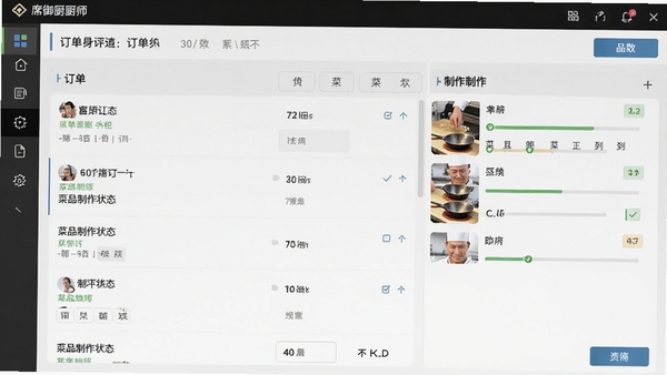 一席御厨厨师端软件界面截图,展示订单列表与菜品制作状态,风格写实清晰