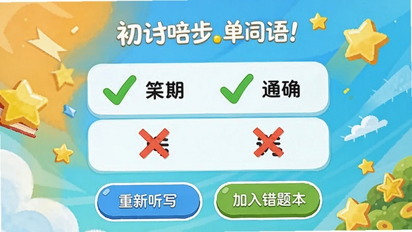 ����Ӣ��ͬ��APP�ĵ�����д���ҳ�棬ҳ����չʾ�ż����򹴵���ȷ���ʺ��������Ĵ��󵥴ʣ��·��С�������д���͡�������Ȿ���İ�ť������ɫ�ʻ��ã������ɾ͸С�