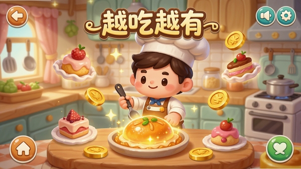 温馨治愈的《越吃越有》游戏主界面,一位卡通厨师在装饰精美的厨房中制作金色发光的美食,周围漂浮着各式甜点与金币,画面明亮色彩柔和,采用Q版手绘风格,UI清晰友好,适合手机竖屏游戏展示