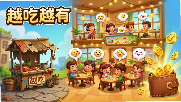 《越吃越有》游戏餐厅经营全景图,展示从左边破旧的路边小摊到右边豪华明亮的二层餐厅的对比过渡,餐厅内有卡通顾客在用餐,头顶冒出满意的表情气泡,画面右侧有金币飞入钱包的特效,整体色彩明亮充满希望感