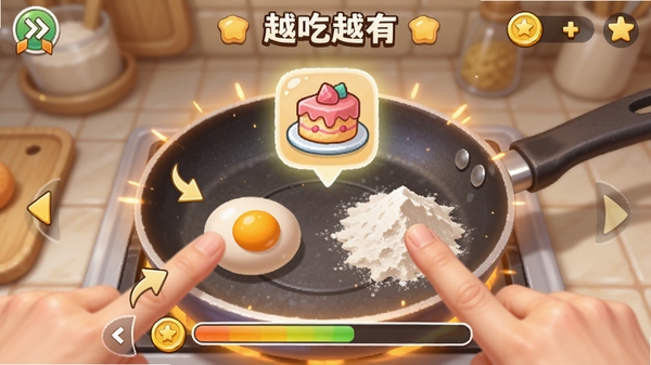 特写《越吃越有》游戏烹饪合成过程,玩家手指拖动两种基础食材如鸡蛋与面粉,放入发光的平底锅中,锅上方弹出更高级的美食如蛋糕图标,界面有清晰的合成进度条和金币+符号,背景虚化突出操作主体,教学引导箭头清晰可见