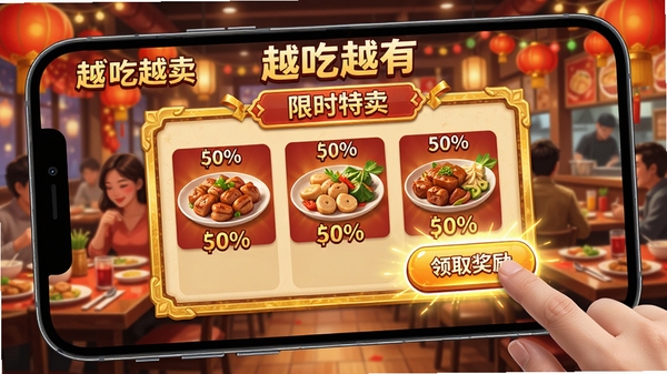 手机屏幕显示《越吃越有》游戏内“限时特卖”活动界面,金色边框弹窗显示多个菜品价格打折上涨50%,背景是热闹的餐厅,玩家手指正在点击一个发光的“领取奖励”按钮,画面喜庆充满诱惑力,适合节日促销氛围