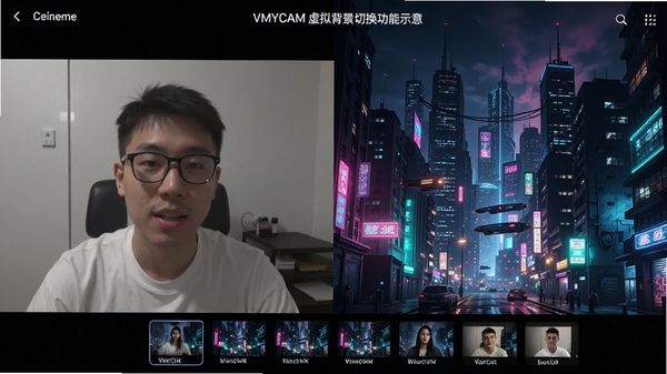 VMYCAM虚拟背景切换功能示意,左半为原始摄像头画面,右半为替换后的赛博朋克城市夜景背景,界面有场景缩略图列表。