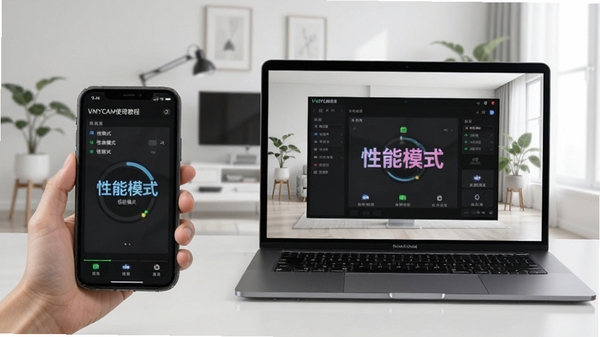 VMYCAM使用教程场景,手机与电脑同时显示软件控制面板,背景为简洁室内环境,界面有“性能模式”选项提示。