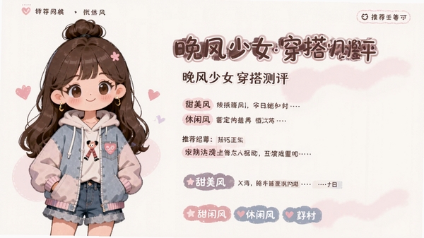 晚风少女穿搭风格测评页面,显示可爱的卡通形象与测评结果,推荐风格标签如“甜美风”、“休闲风”