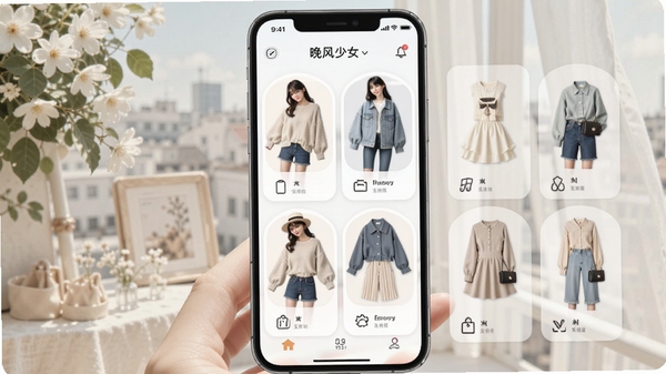 晚风少女穿搭应用界面展示图,清新少女风格,手机屏幕中显示多套服装搭配卡片