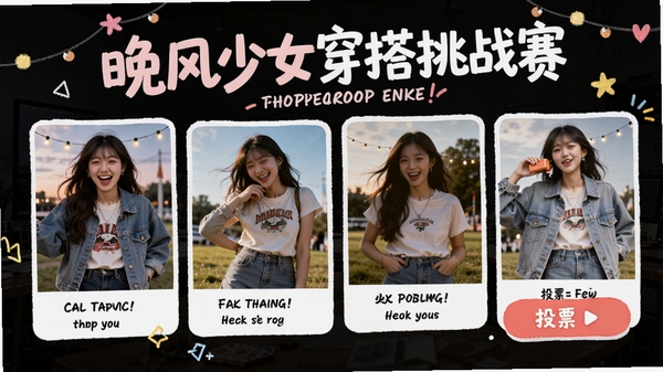 晚风少女穿搭挑战赛活动页面,展示参赛作品与投票按钮,气氛活泼
