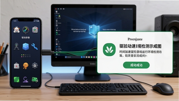 时间加速冒险游戏运行环境检测示意图,手机连接电脑,旁边显示驱动安装成功的提示。