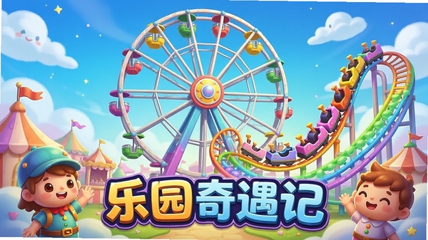 一张色彩明亮、充满童话风格的《乐园奇遇记》游戏宣传图,展示一个巨大的摩天轮和彩虹过山车,前景有可爱的卡通角色在挥手,画面细节丰富,具有吸引力。