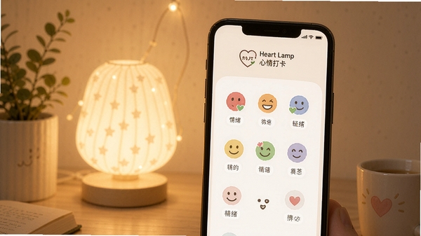 Heart Lamp��������򿨽���չʾ����ů��������ֻ���Ļ��ʾ��ɫ����ͼ���������ǩ����͵ƹⱳ������Լ�ִ����